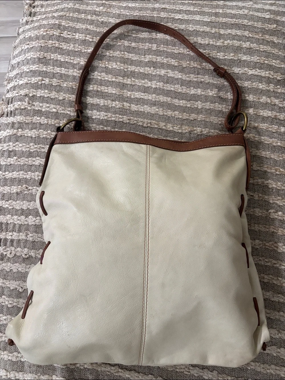 Lucky Brand Leather Crossbody Large Fold over Bag in Cream with Brown Trim -